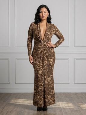 Snap Leopard-Print Twist Front Long Sleeve Maxi Dress - Brown/Tan